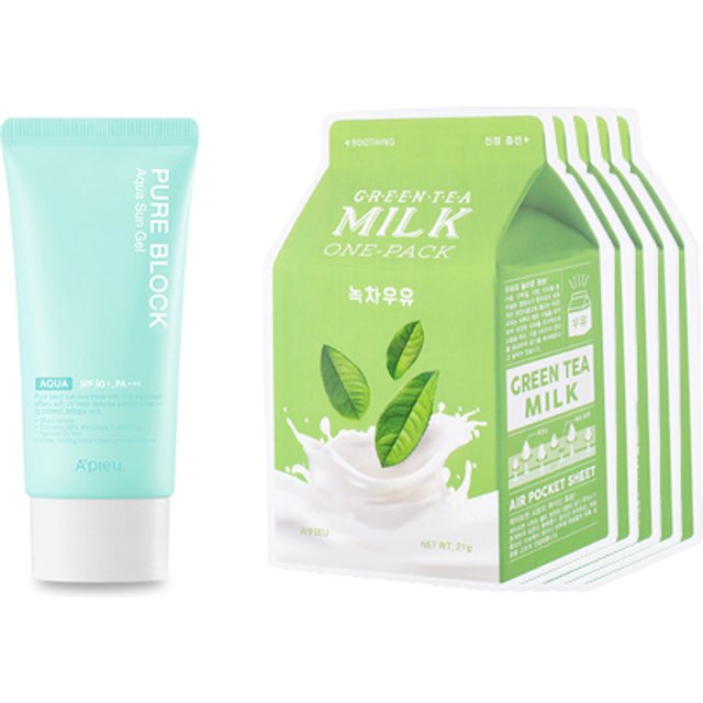 A'PIEU - Milk One Pack Sheet Mask - Green Tea - 5pcs + Pure Block Aqua Sun Gel SPF50+ PA+++ (1ea) Set