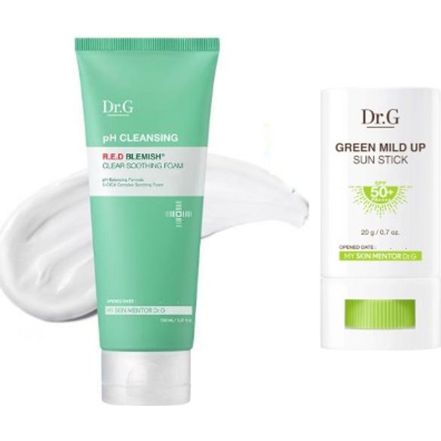 Dr.G Green Mild Up Sun Stick SPF50+ PA++++ - 20g (1ea) + R.E.D Blemish Clear Soothing pH Cleansing Foam 150ml - 150ml - White...