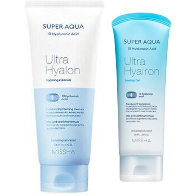 MISSHA - Super Aqua Ultra Hyalon Foaming Cleanser - 200ml (1ea) + Hyalron Peeling Gel - 100ml (1ea) Set