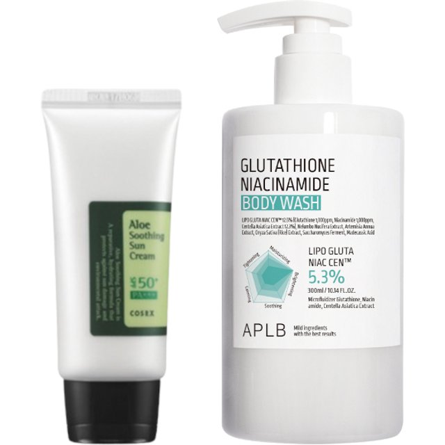 COSRX - Aloe Soothing Sun Cream SPF50+ PA+++ - 50ml + APLB - Glutathione Niacinamide Body Wash - 300ml Set