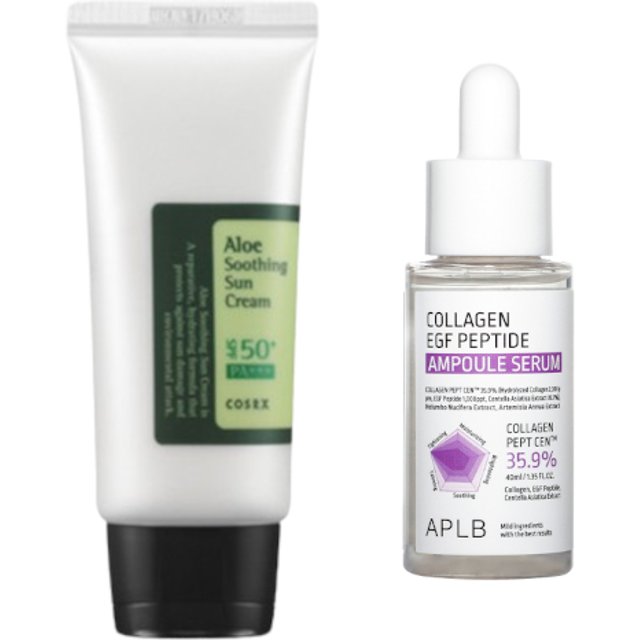COSRX - Aloe Soothing Sun Cream SPF50+ PA+++ - 50ml + APLB - Collagen EGF Peptide Ampoule Serum - 40ml Set
