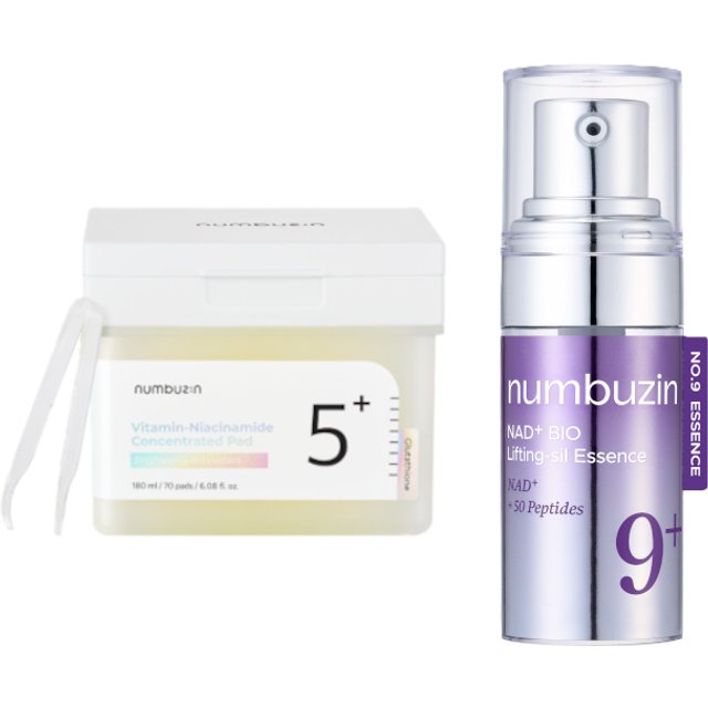 numbuzin - No.5+ Glutathione Vitamin Concentrated Toner Pad - 180ml/70pads (1ea) & No.9 NAD+ BIO Lifting-sil Essence - 10ml...