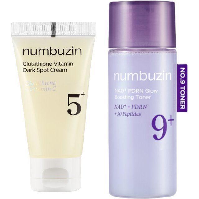 numbuzin - No.5+ Glutathione Vitamin Dark Spot Cream - 15ml & No.9 NAD+ PDRN Glow Boosting Toner - 30ml (1ea) Set