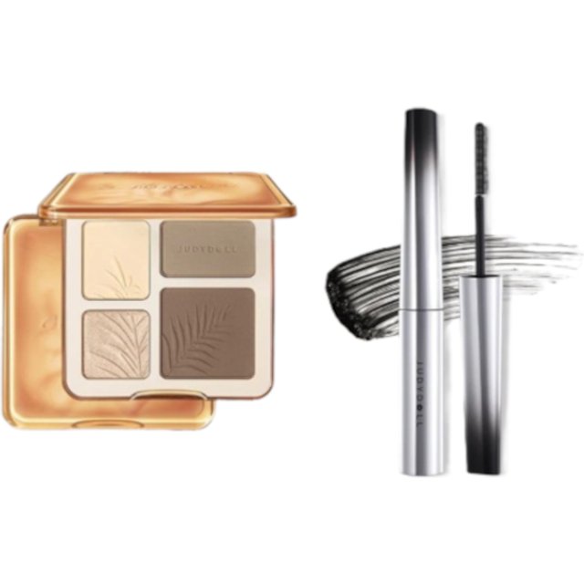 Judydoll - 2 In 1 Highlighter Contour Palette - 9g - 02 Wood (1ea) & Dual-Wing Serum Mascara - 3g - 01 Black (1ea) Set