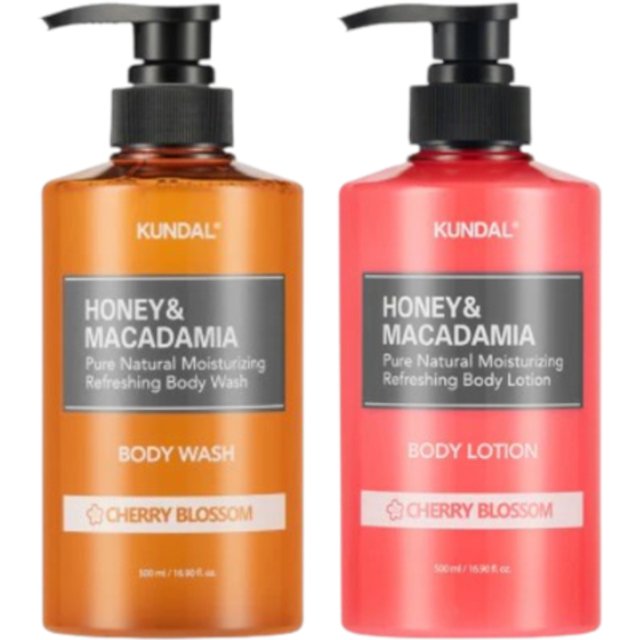 KUNDAL - Honey & Macadamia Pure Body Wash + Lotion - 500ml Set - Cherry Blossom