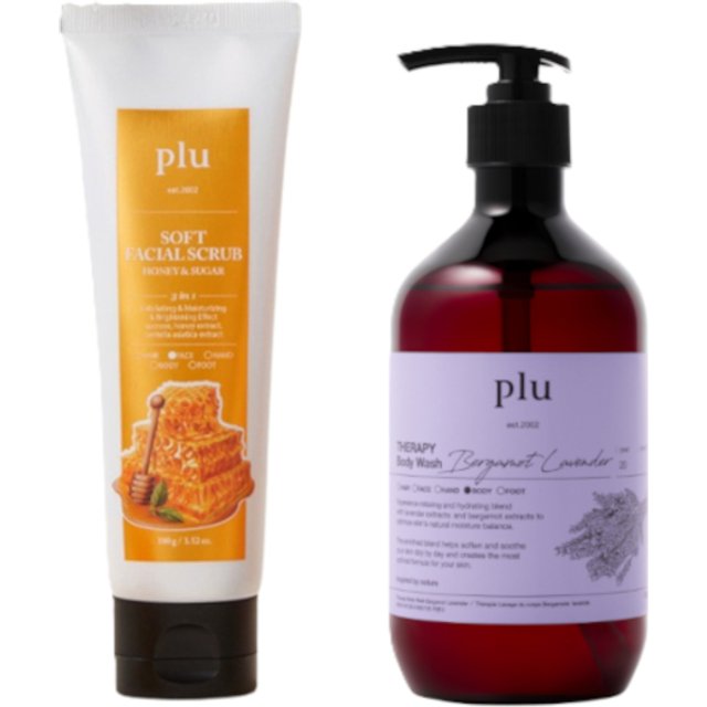 plu - Soft Facial Scrub Honey & Sugar - 100g (1ea) & Therapy Body Wash - 500g - Bergamot Lavender (1ea) Set