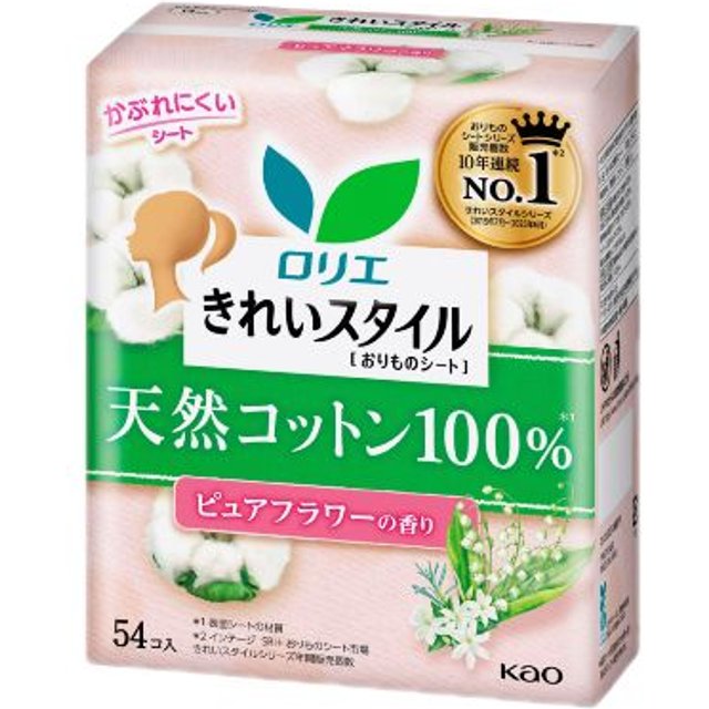 Kao - Laurier Kirei Style Panty Liner Natural Cotton 100% - 54pcs - Pure Flower Scent