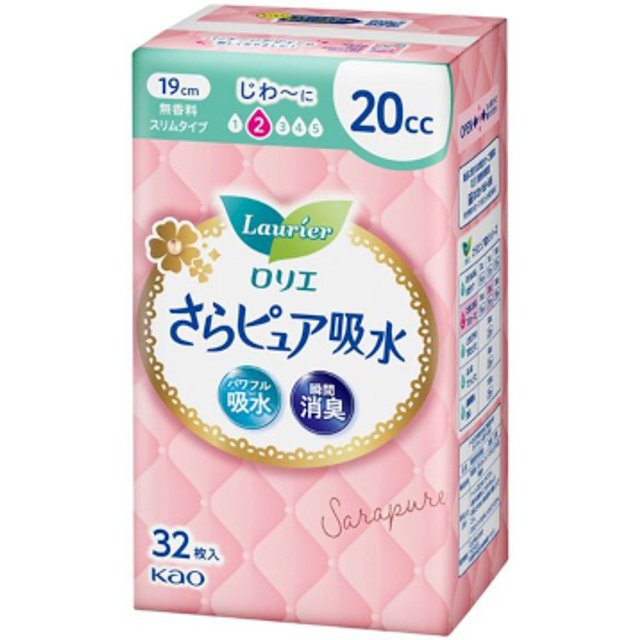 Kao - Laurier Sara Pure Absorption Panty Liners Slim Type 20cc 19cm - 32pcs - Fragrance Free