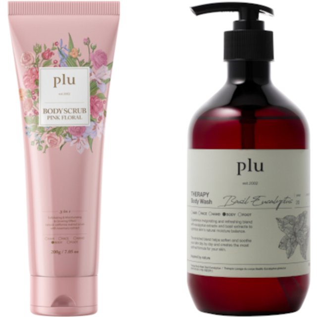 plu - Body Scrub Pink Floral - 200g (1ea) & Therapy Body Wash - 500g - Basil Eucalyptus (1ea) Set