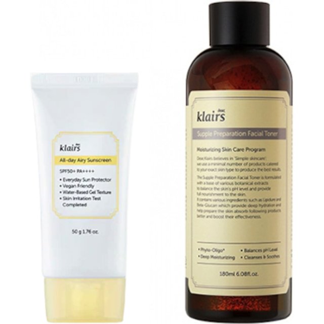 Dear; Klairs - Supple Preparation Facial Toner - 180ml + All-day Airy Sunscreen SPF50+ PA++++ - 50g (1ea) Set