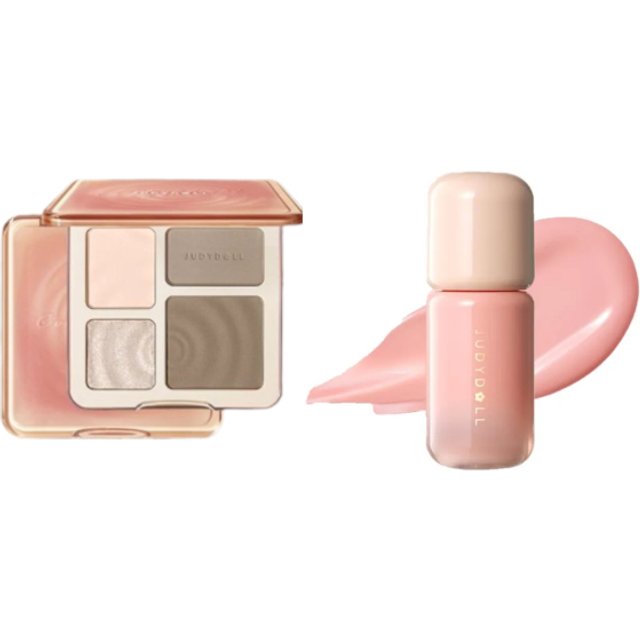 Judydoll - 2 In 1 Highlighter Contour Palette - 9g - 02 Wood (1ea) & Liquid Blush Serum - 5g - 03 Salmon (1ea) Set