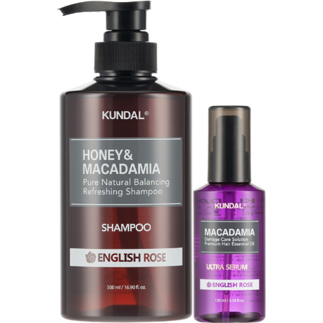 KUNDAL - Honey & Macadamia Nature Shampoo - 500ml + Hair Serum - 100ml Set - English Rose