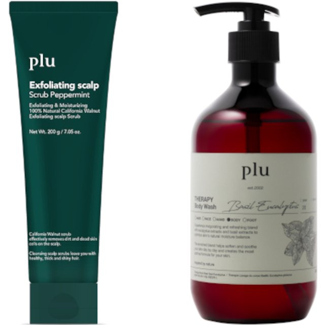 plu - Exfoliating Scalp Scrub Peppermint - 200g (1ea) & Therapy Body Wash - 500g - Basil Eucalyptus (1ea) Set