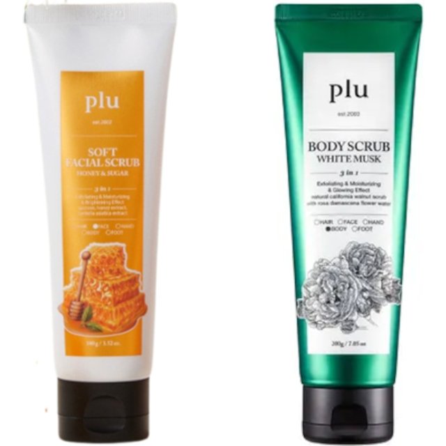 plu - Soft Facial Scrub Honey & Sugar - 100g (1ea) & Body Scrub - 200g - White Musk (1ea) Set