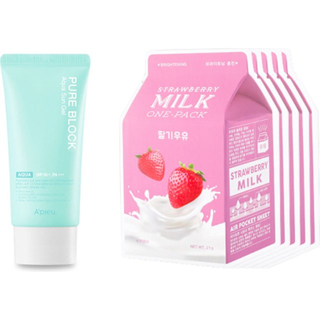 A'PIEU - Milk One Pack Sheet Mask - Strawberry - 5szt. + Pure Block Aqua Sun Gel SPF50+ PA+++ (1szt.) Set