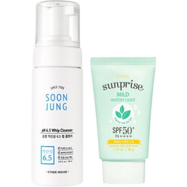 ETUDE - Sunprise Mild Watery Light Sunscreen SPF 50+ PA++++ - 50g (1szt.) + Soon Jung pH 6.5 Whip Cleanser - 150ml (1szt.) Set