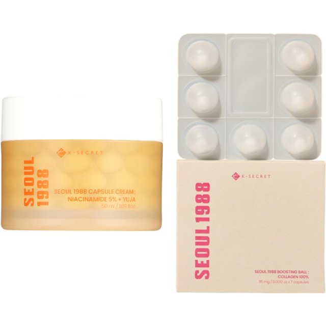 KSECRET - SEOUL 1988 Boosting Ball : Collagen 100% - 35mg x 7 (1szt.) X Capsule Cream : Niacinamide 5% + Yuja - 50ml (1szt.) Set