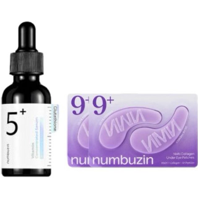 numbuzin - No.5+ Glutathione Vitamin Concentrated Serum - 30ml (1ea) & No.9 NAD+ Collagen Under Eye Patches - 2ea Set