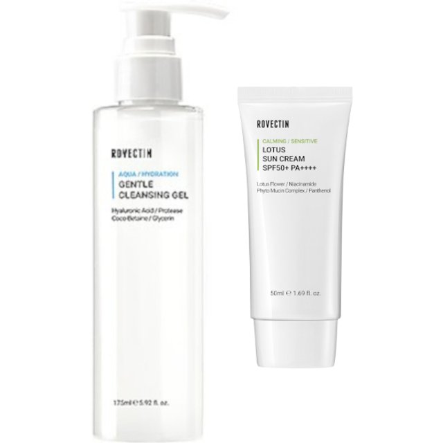 ROVECTIN - Aqua Gentle Cleansing Gel - 175ml + Calming Lotus Sun Cream SPF50+ PA++++ - 50ml Set