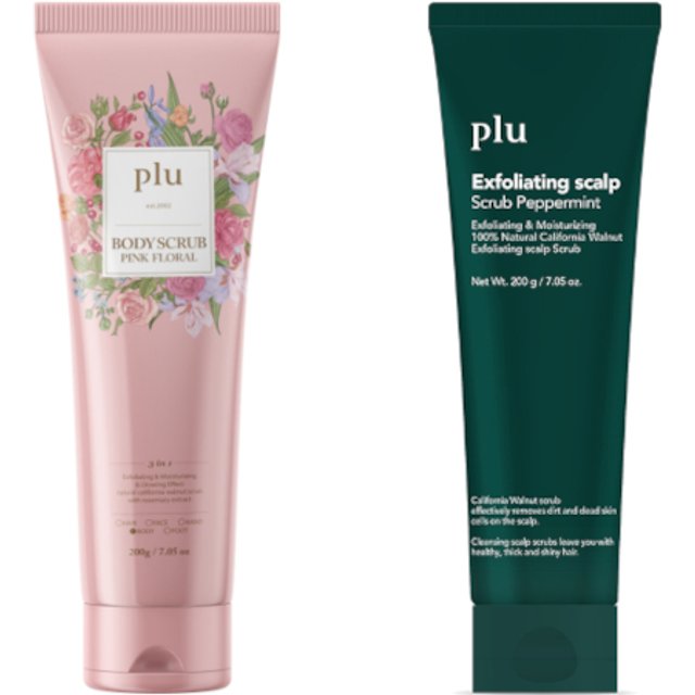 plu - Body Scrub Pink Floral - 200g (1ea) & Exfoliating Scalp Scrub Peppermint - 200g (1ea) Set