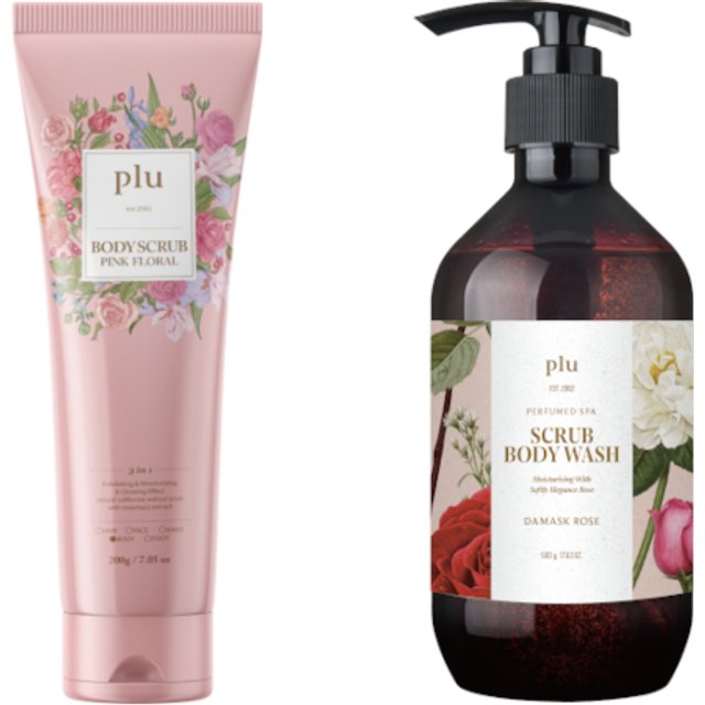 plu - Body Scrub Pink Floral - 200g (1ea) & Perfumed Spa Scrub Body Wash - 500g - Damask Rose (1ea) Set