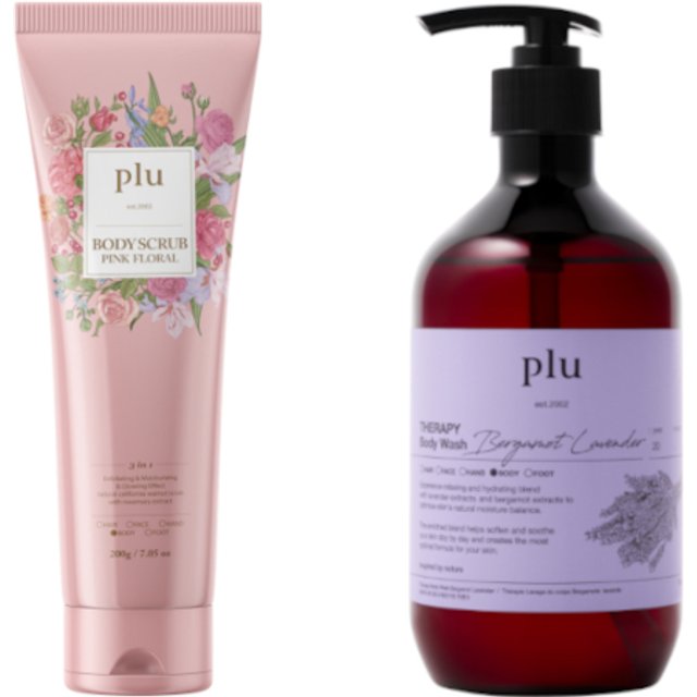 plu - Body Scrub Pink Floral - 200g (1ea) & Therapy Body Wash - 500g - Bergamot Lavender (1ea) Set