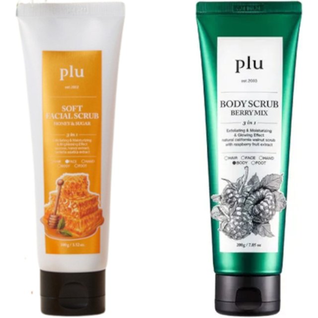 plu - Soft Facial Scrub Honey & Sugar - 100g (1ea) & Body Scrub - 200g - Berry Mix (1ea) Set