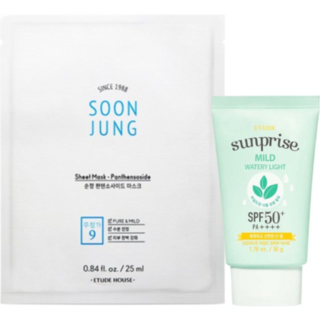 ETUDE - Sunprise Mild Watery Light Sunscreen SPF 50+ PA++++ - 50g (1ea) + Soon Jung Panthensoside Sheet Mask - 5pcs Set