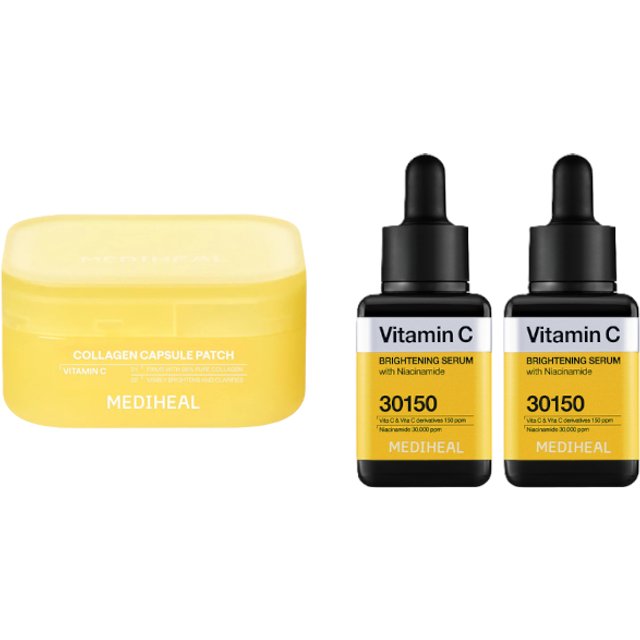 Mediheal - Collagen Capsule Patch - Vitamin C (60pcs) X Vitamin C Brightening Serum (40ml x2) Set