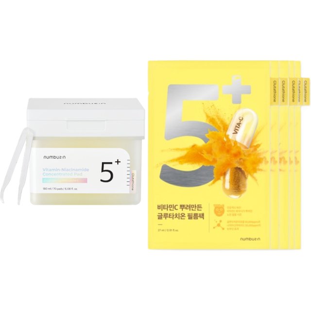 numbuzin - No.5+ Glutathione Vitamin Concentrated Toner Pad - 180ml/70pads (1ea) & Mask 5pcs Set