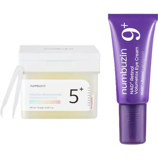 numbuzin - No.5+ Glutathione Vitamin Concentrated Toner Pad - 180ml/70pads (1ea) & No.9 NAD+ Retinol Volumetox Eye Cream - 5ml