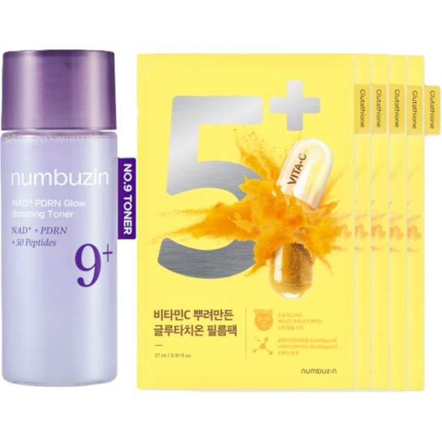 numbuzin - No.5+ Glutathione Vitamin Concentrated Mask - 5pcs & No.9 NAD+ PDRN Glow Boosting Toner - 30ml (1ea) Set