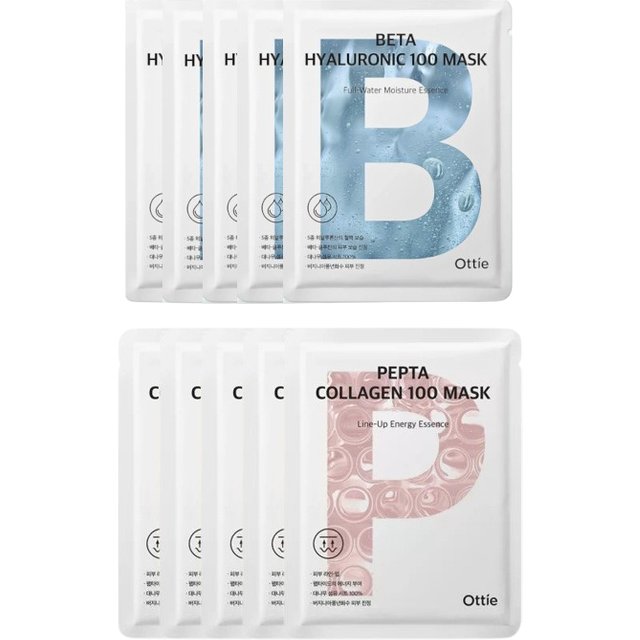 Ottie Beta Hyaluronic 100 Mask 5pcs + Pepta Collagen 100 Mask 5pcs Set