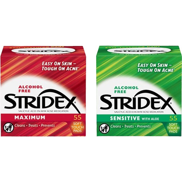 STRIDEX - Alcohol Free Maximum Pads (2% Salicylic Acid) RED - 55pcs + Sensitive Pads With Aloe GREEN - 55pcs set