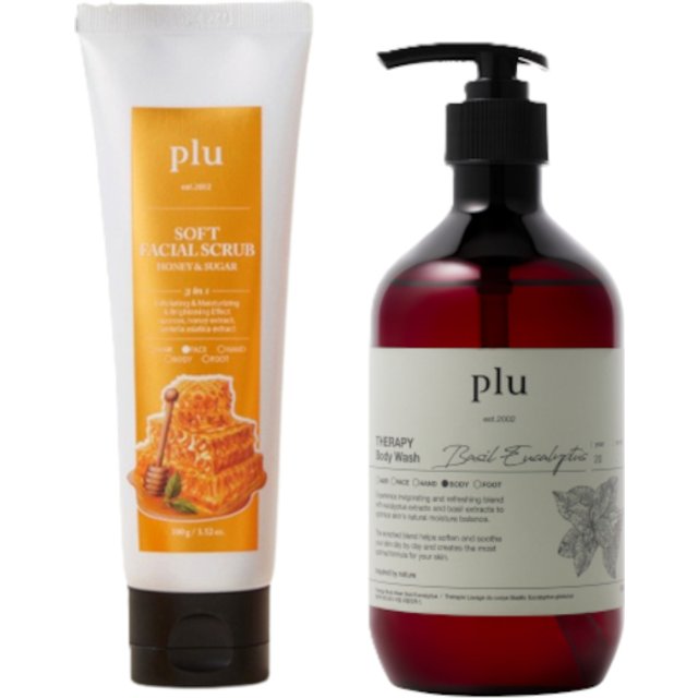 plu - Soft Facial Scrub Honey & Sugar - 100g (1ea) & Therapy Body Wash - 500g - Basil Eucalyptus (1ea) Set