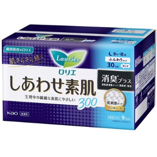 Kao - Laurier Shiawase Sokuhada Deodorant Plus Heavy Night Use With Wings 30cm - 9pcs