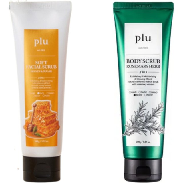 plu - Soft Facial Scrub Honey & Sugar - 100g (1ea) & Body Scrub - 200g - Rosemary Herb (1ea) Set