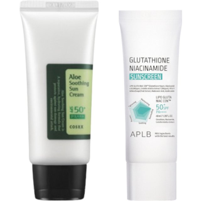 COSRX - Aloe Soothing Sun Cream SPF50+ PA+++ - 50ml + APLB - Glutathione Niacinamide Sunscreen SFP50+ PA++++ - 40ml Set