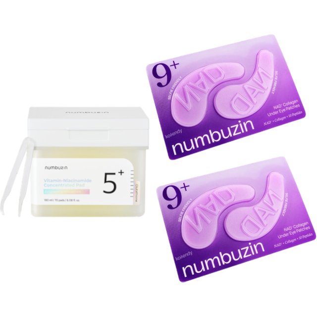 numbuzin - No.5+ Glutathione Vitamin Concentrated Toner Pad - 180ml/70pads (1ea) & No.9 NAD+ Collagen Under Eye Patches - 2ea Set