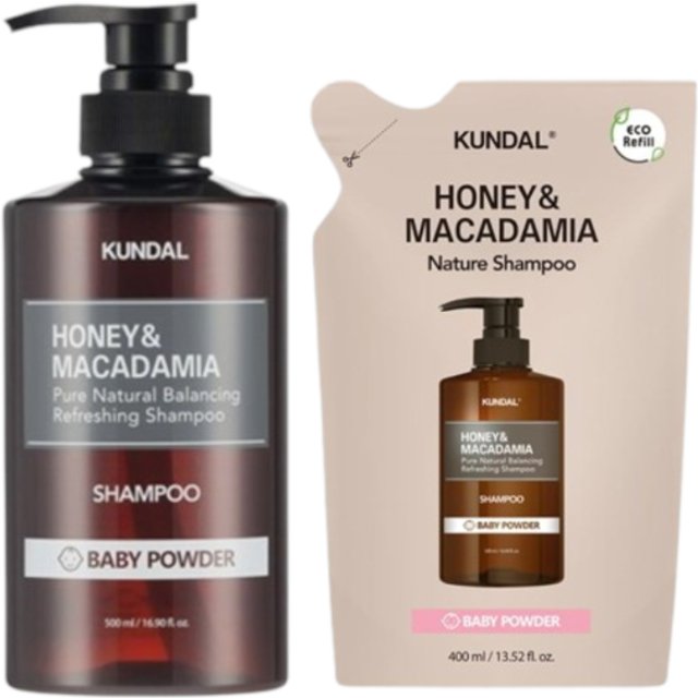 KUNDAL - Honey & Macadamia Nature Shampoo - 500ml + Refill Pack 400lml Set - Baby Powder