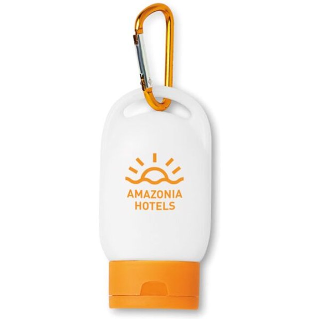 Werbeartikel Sonnencreme LSF 25 30ml – orange – mit bedrucktem Etikett für Outdoor-Events