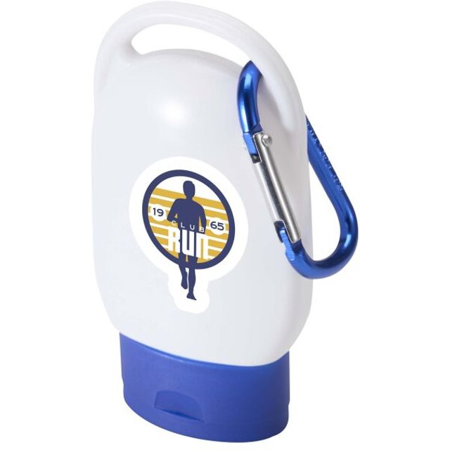 Werbeartikel Sonnencreme Rosie LSF 30 – blau – mit bedrucktem Etikett 48h Express-Druck für Strand-Promotions