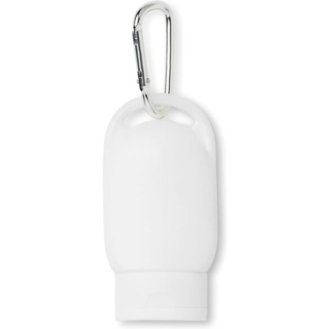 Werbeartikel Sonnencreme mit Karabiner – weiß – mit bedrucktem Etikett 30ml LSF 25 für Outdoor-Events und Festivals