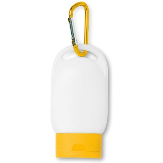 Werbeartikel Sonnencreme LSF 25 – gelb – mit bedrucktem Etikett 30 ml für Outdoor-Events