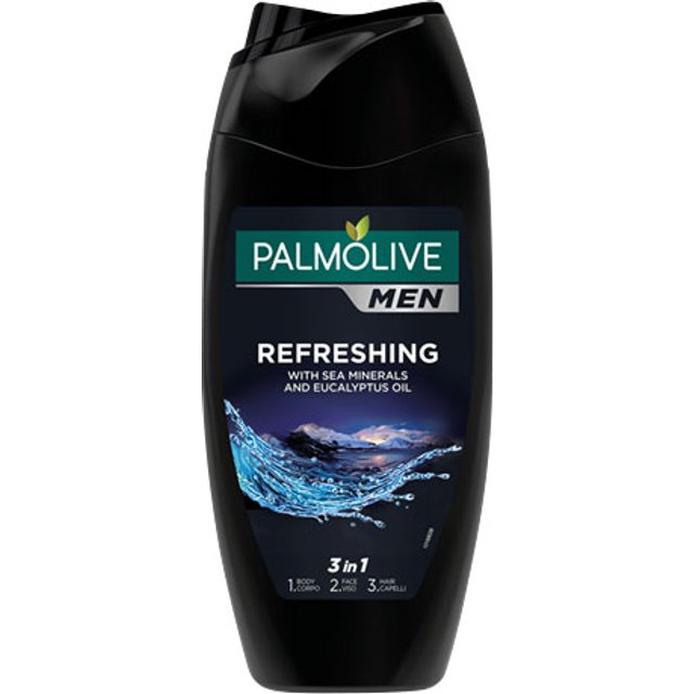 Palmolive MEN Refreshing Eukalyptus Essential Oil & Sea Salt Extract 3in1, Duschgel für Körper, Gesicht & Haar, 250ml
