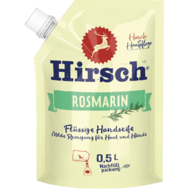 Hirsch Rosmarin, Flüssige Handseife, Nachfüllbeutel (ohne Pumpe), 500ml