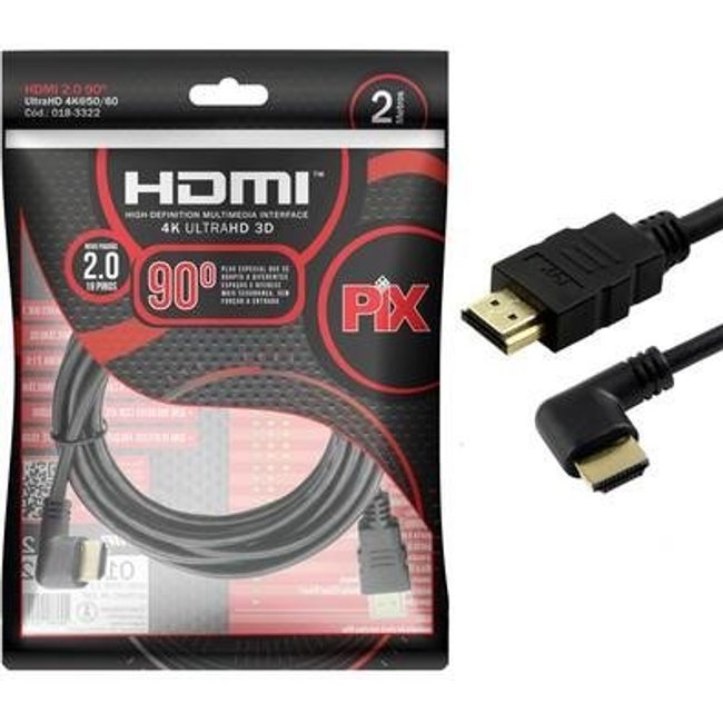 Cabo HDMI 2.0 4K PIX, 2 Metros, 19 Pinos, Plug 90 Graus - 018-3322