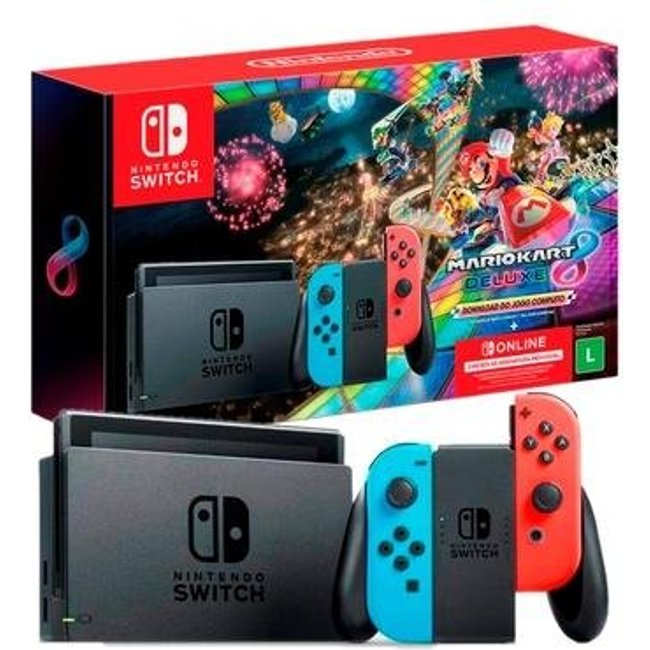 Console Nintendo Switch + Joy-Con Neon + Mario Kart 8 Deluxe + 3 Meses de Assinatura Nintendo Switch Online, Azul e Vermelho - HBDSKABL2
