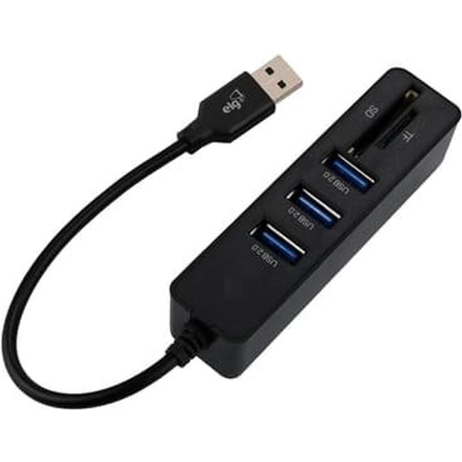 Adaptador HUB ELG USB 5 Em 1, Entrada USB para 3 Portas USB-A + 1 Porta Mini SD Card + 1 Porta Micro SD Card, Preto - HUB51SD-v2