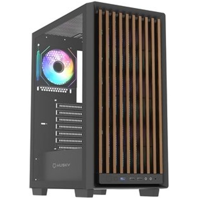 Gabinete Gamer Husky Dome 600, Mid Tower, ATX, Lateral em Vidro, Frontal em Madeira Ripada, Com 4 Fans ARGB, Preto - HGN600PT